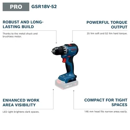 BOSCH GSR 18V-52 PRO Bor Obeng - Brushless Cordless Electric Drill 18V ulasan dan harga